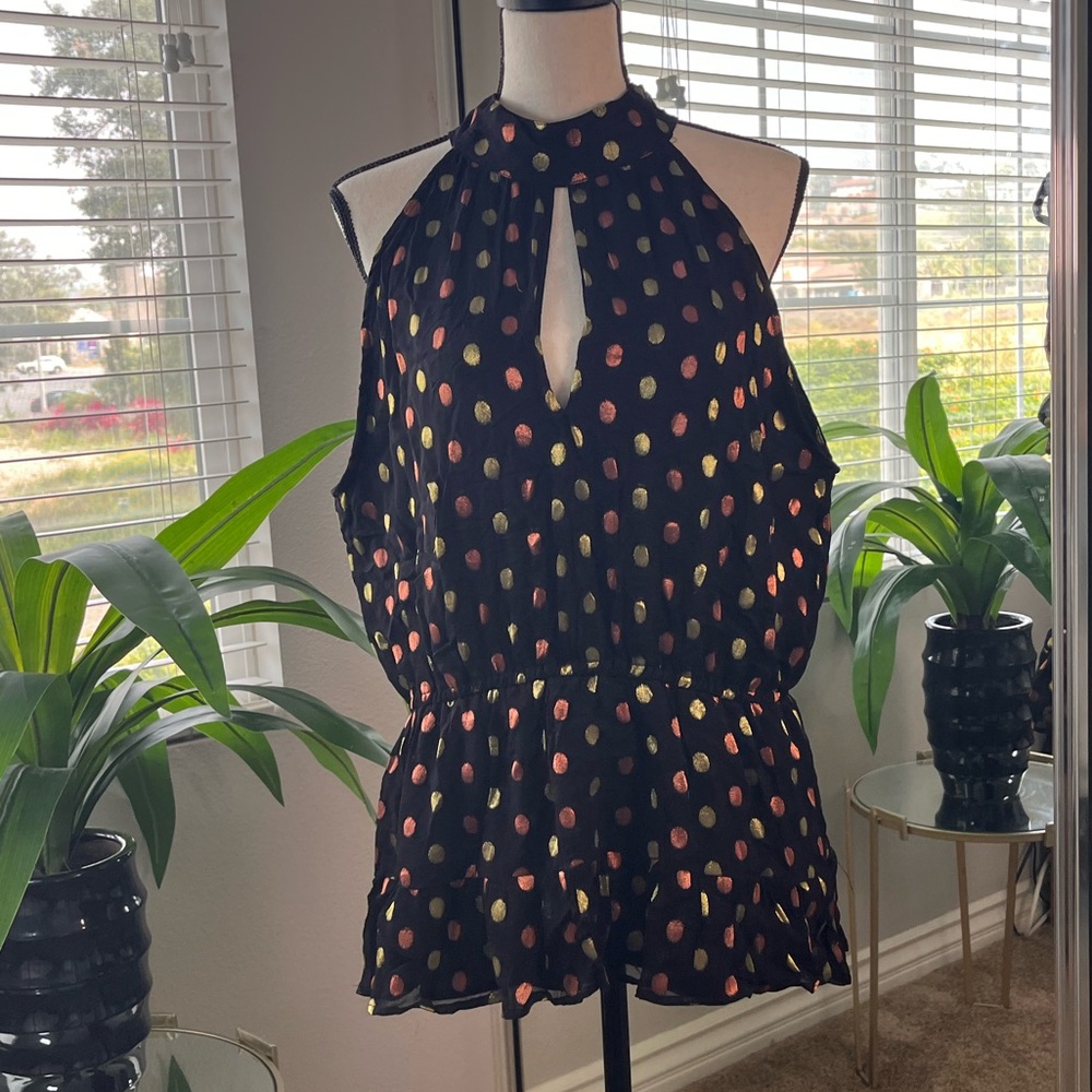 Walter Baker Black Metallic Polka Dot Peplum Halter Top, XL Plus Size NWOT